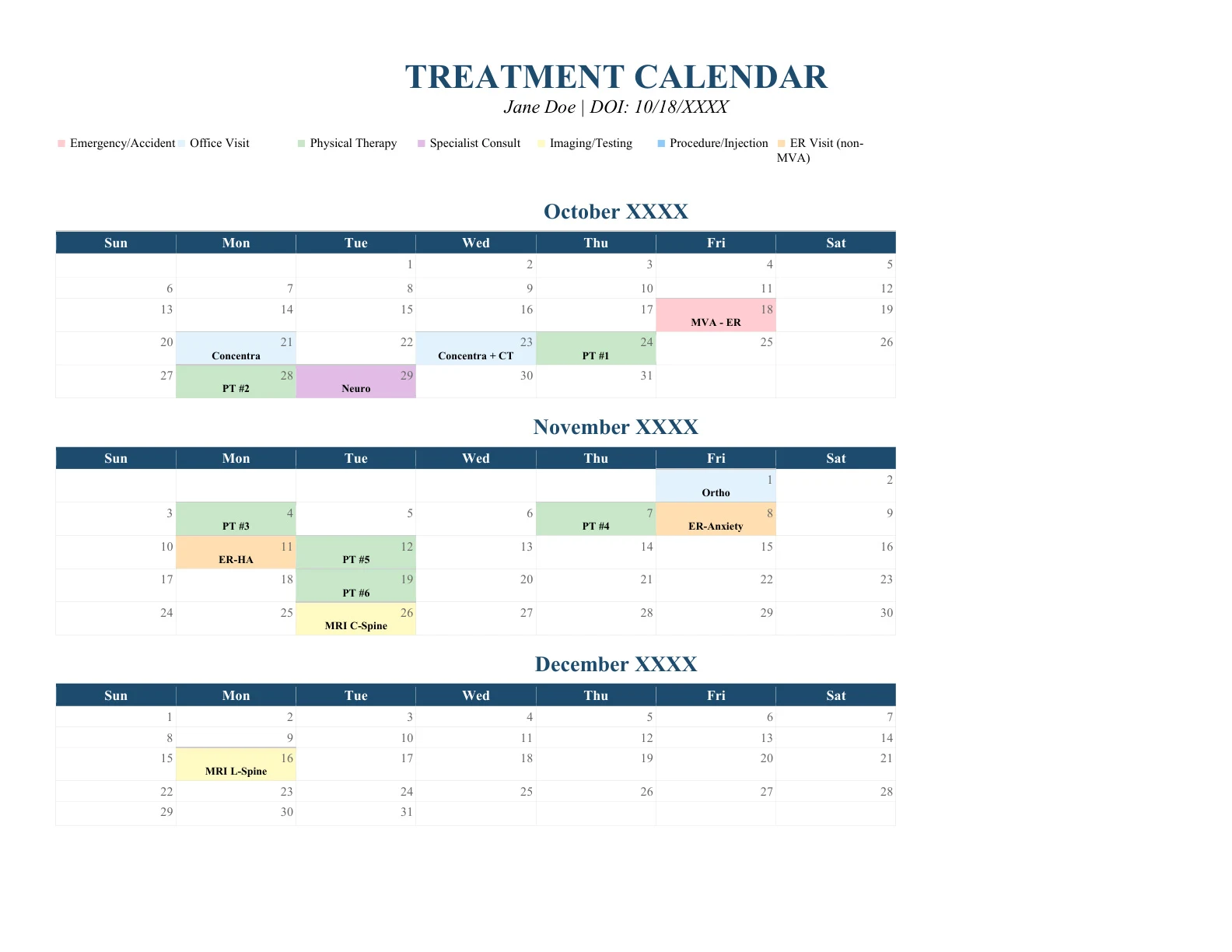 Treatment Calendar Page 1